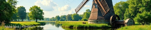 Weathered windmill and water wheel, idyllic setting, environment, vintage, wheel