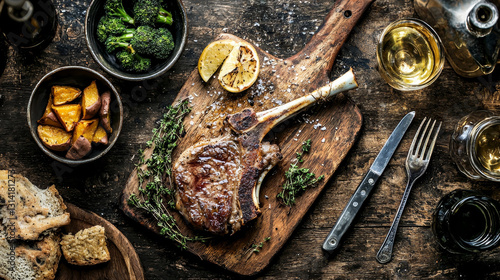 Grilled tomahawk steak, roasted potatoes, broccoli, and crusty bread