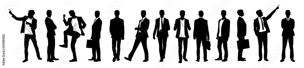 Silhouettes of Businessman character in different poses. Man standing, walking, pointing, with briefcase, front, back, side view. Vector black monochrome illustrations isolated Silhouettes of Businessman character in different poses. Man standing, walking, pointing, with briefcase, front, back, side view. Vector black monochrome illustrations isolated