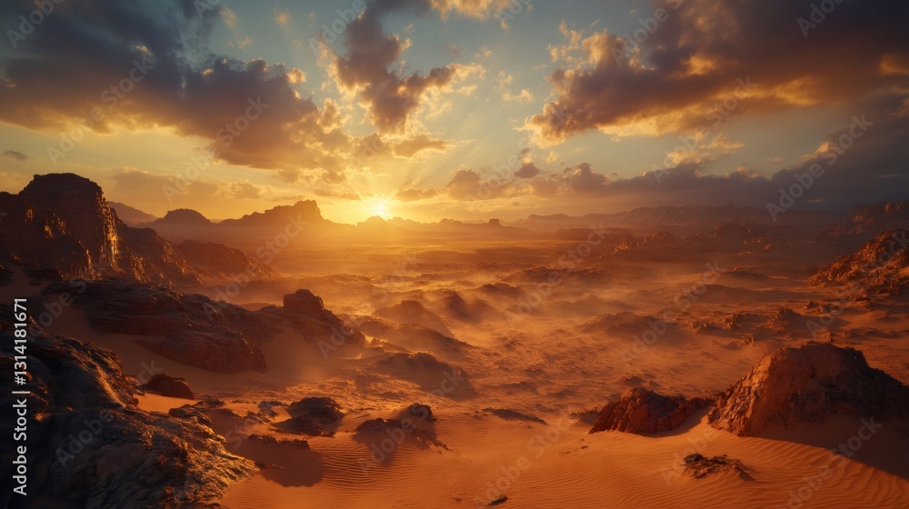 Fototapeta premium Sun setting over a vast and rugged desert landscape