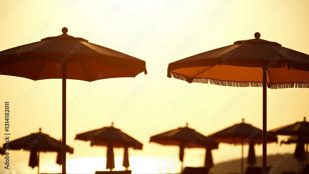 An artistic depiction of different beach umbrellas rendered in a silhouette form An artistic depiction of different beach umbrellas rendered in a silhouette form