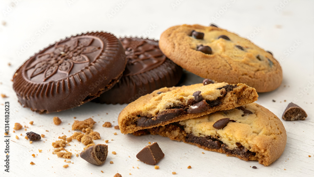 Chocolate chip cookies with a broken piece and scattered crumbs, alongside a chocolate biscuit pastry. Chocolate chip cookies with a broken piece and scattered crumbs, alongside a chocolate biscuit pastry.