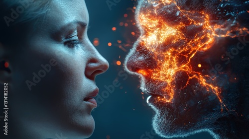 A captivating image of a woman face-to-face with an abstract fiery form, illustrating the complex interplay of human emotions in a stunning visual narrative.
