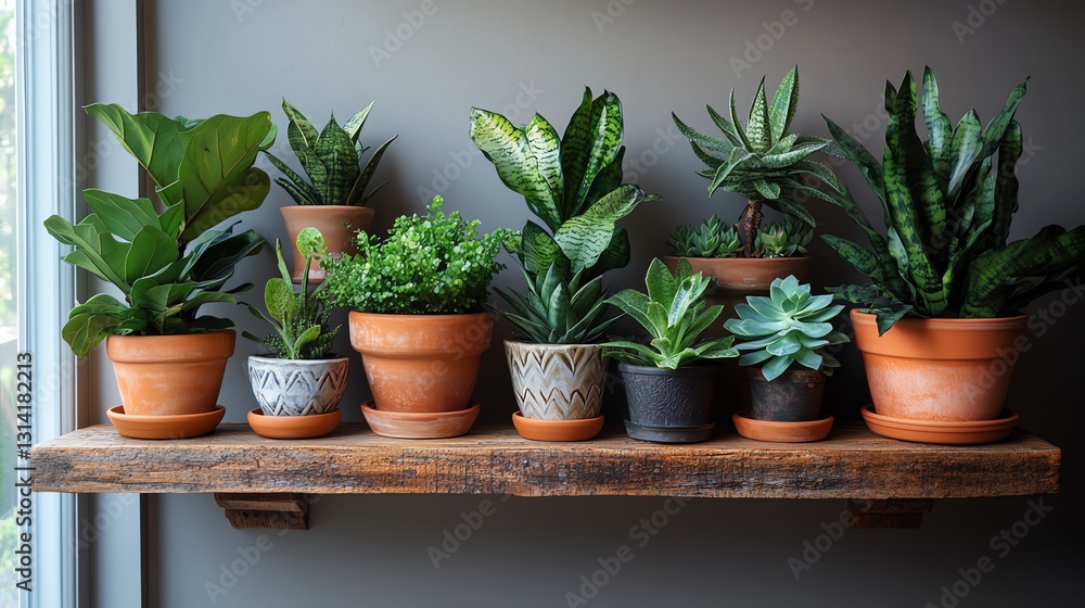 Fototapeta premium Houseplants Arranged on Rustic Wooden Shelf with Natural Light