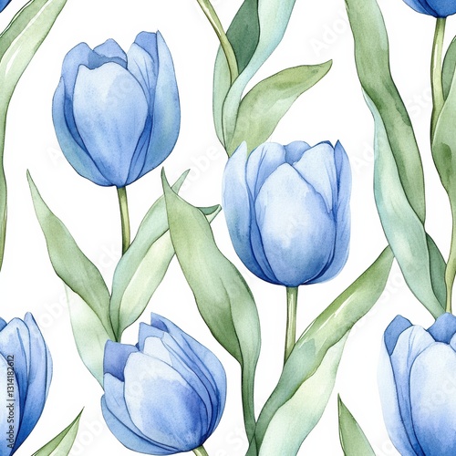 Seamless Blue Tulip Watercolor Pattern With Delicate Green Leaves, Spring Pattern, Spring Print, Spring Illustration, Seamless Pattern