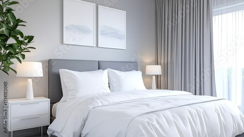 Minimalist Bedroom with White Bedding, Lamps and Artwork, Modern , Interior
