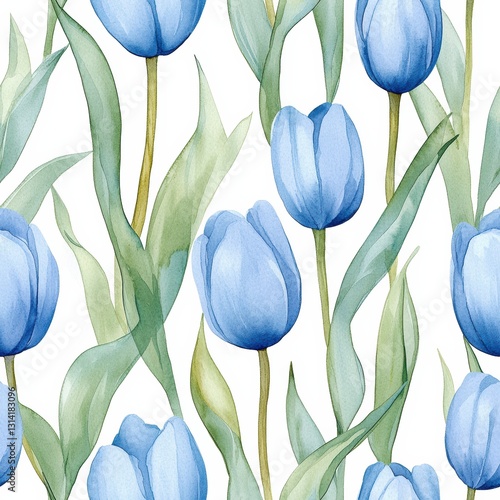 Seamless Blue Tulip Watercolor Pattern With Delicate Green Leaves, Spring Pattern, Spring Print, Spring Illustration, Seamless Pattern