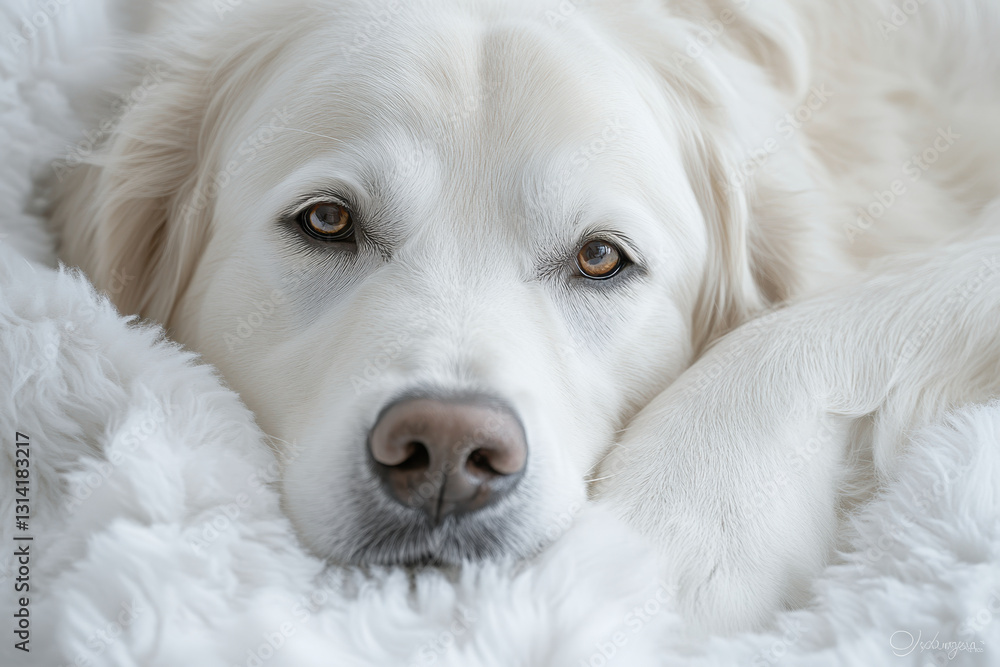 White dog lounging on fluffy blanket, eyes closed in contentment. White dog lounging on fluffy blanket, eyes closed in contentment.