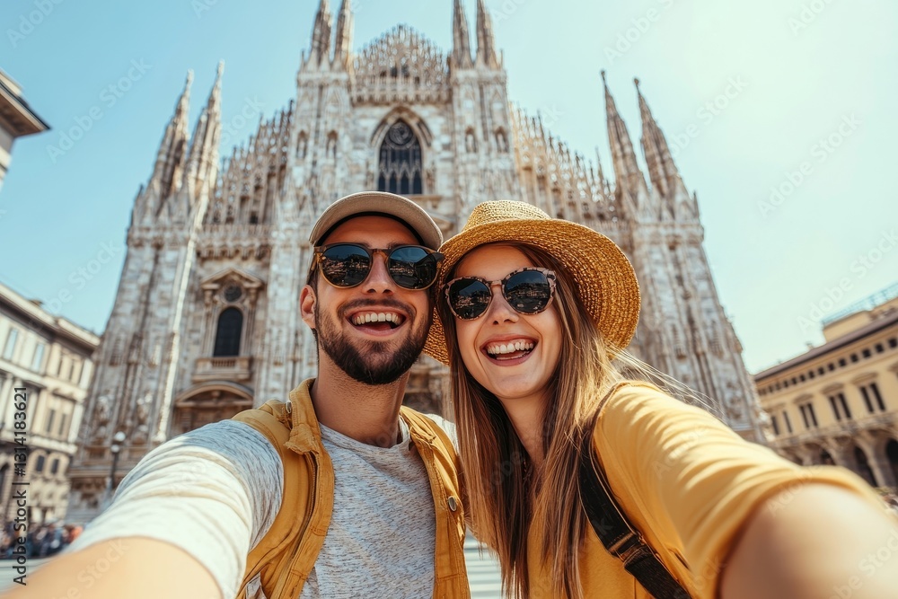 Happy couple taking selfie in front of Duomo cathedral in Milan, Lombardia - Two tourists having fun on romantic summer vacation in Italy - Holidays and traveling lifestyle Happy couple taking selfie in front of Duomo cathedral in Milan, Lombardia - Two tourists having fun on romantic summer vacation in Italy - Holidays and traveling lifestyle