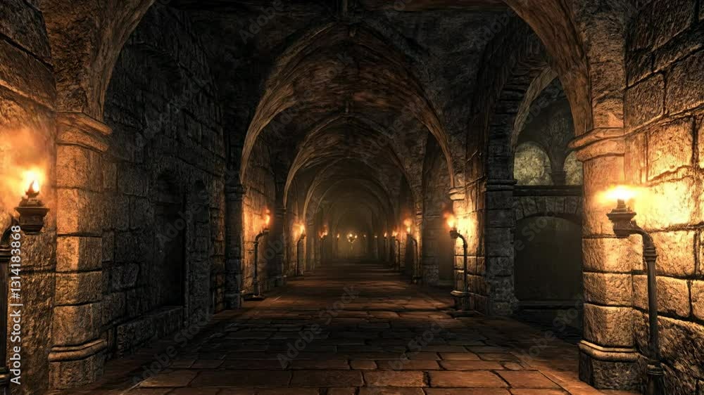 A long stone corridor with arched vaults. Torches are mounted on the walls on both sides of the corridor, which illuminate the space with warm orange light.