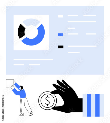 Data chart analysis with segments, hand holding coin icon, person arranging elements. Ideal for business, finance, teamwork, economy, investment management planning. Flat simple metaphor
