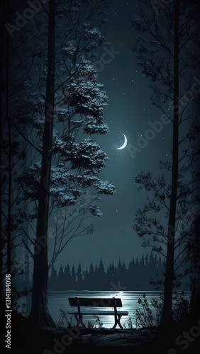Vertical shot of a bench near a lake under a crescent moon in a forest. Night scene, nature, tranquil, mysterious, dreamy, moonlight, reflection.