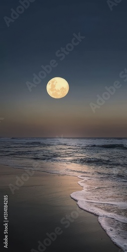 Vertical view of full moon over ocean waves at dusk, dreamy night seascape, nature, landscape, ocean, lunar, moonlight, sea.