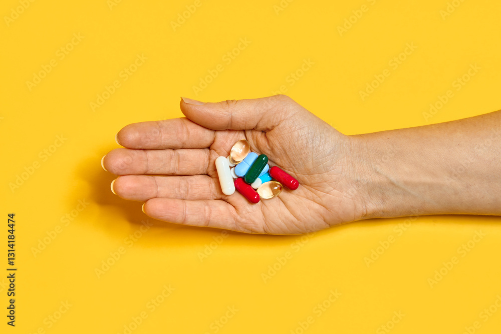 Various pills of different colors and shapes at hand Various pills of different colors and shapes at hand