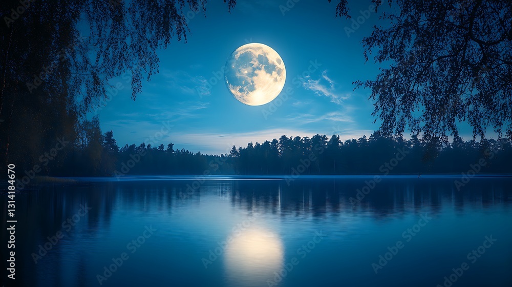 Naklejka premium Full moon over tranquil lake at night, reflected in calm water with trees.