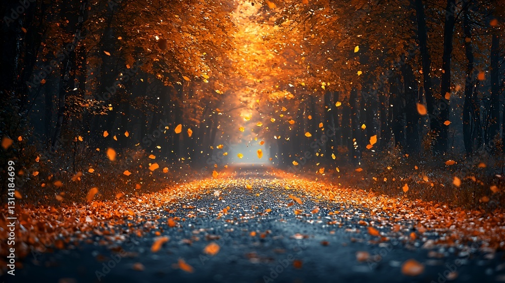 Autumn leaves falling on forest path Autumn leaves falling on forest path