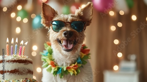 A cheerful dog wearing sunglasses enjoys its birthday party, surrounded by a cake and colorful decorations, illustrating joy and festivity, making anyone smile.