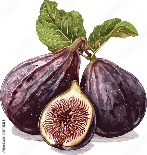 Fig fruit vector, old botanical illustration, isolated on transparent background, ripe fig, hand-drawn fig, vintage fruit drawing, fig branch, retro botanical art, fig tree