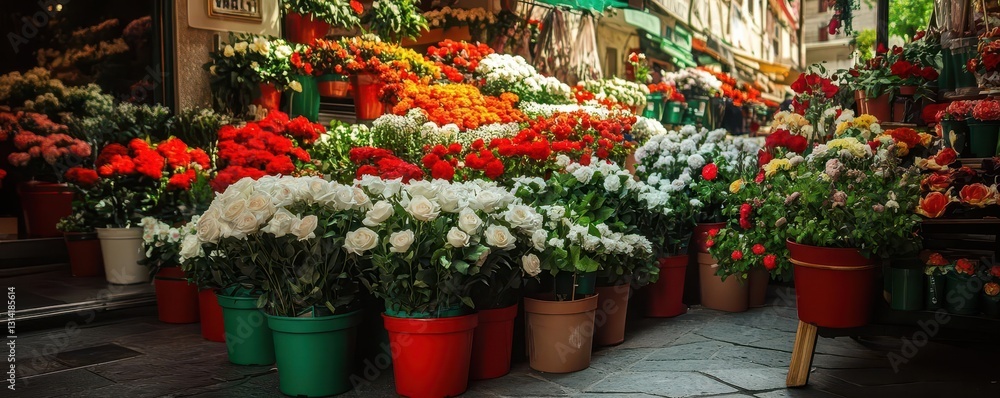 Fototapeta premium Vibrant Flower Market with Colorful Blooms and Lush Greenery