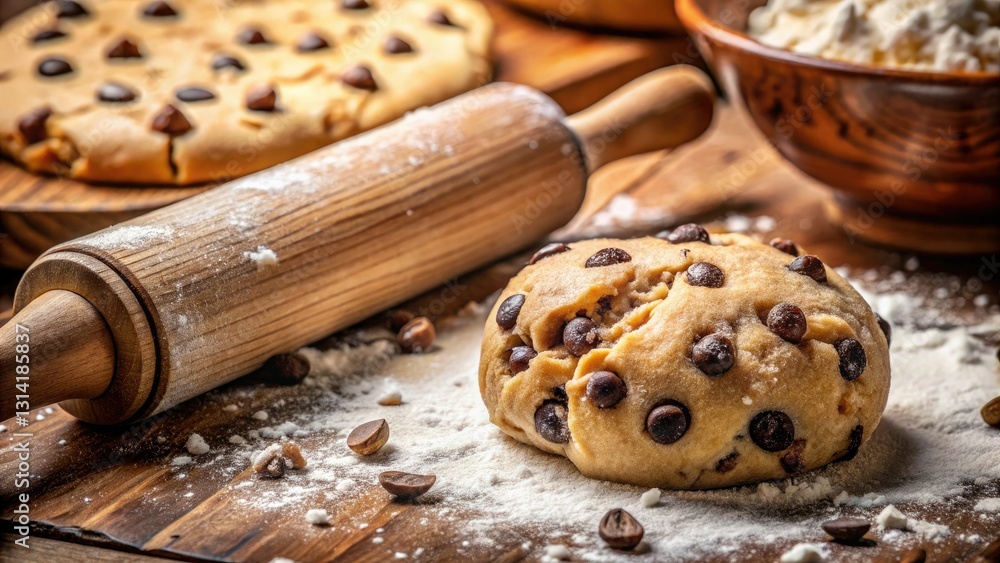 Fototapeta premium Flour-dusted rolling pin crafts perfect cookie dough swirls, studded with chocolate chips.