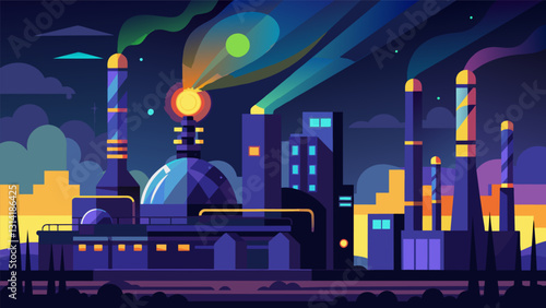 As night falls the chemical plant turns into a dazzling display of lights powered by the energy it consumes creating an otherworldly atmosphere.. Vector illustration