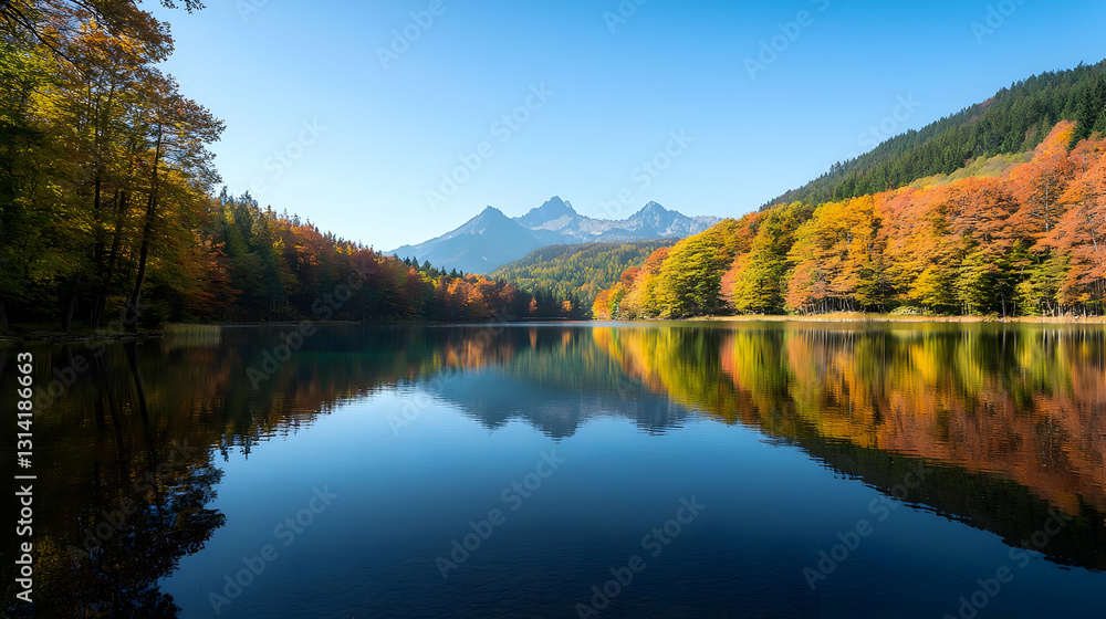Serene Autumn Lake Reflection With Mountain View Serene Autumn Lake Reflection With Mountain View