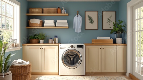 Bright Laundry Room with Washing Machine and Storage Cabinets