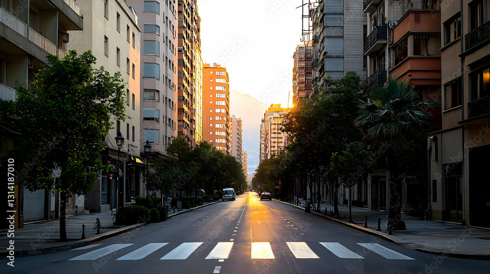 Golden Hour Sunrise Over Empty City Street With Residential Buildings And Crosswalk Golden Hour Sunrise Over Empty City Street With Residential Buildings And Crosswalk