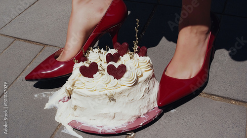 A luxurious pink cake with whipped cream and decorative hearts, crushed by a person in red shoes, cream spilling over the shoe
