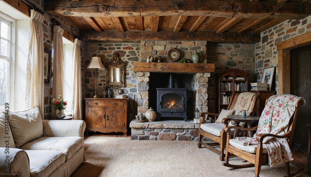 Cozy living room with stone fireplace and wooden beams Cozy living room with stone fireplace and wooden beams
