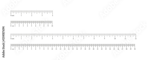 Inch and metric rulers. Measuring tool templates. 4, 12 inches, 10, 30 centimeters measuring scales mockups. Scale for ruler in centimeters, inches. Measuring scales icons. Metrics indicator cm, inch.