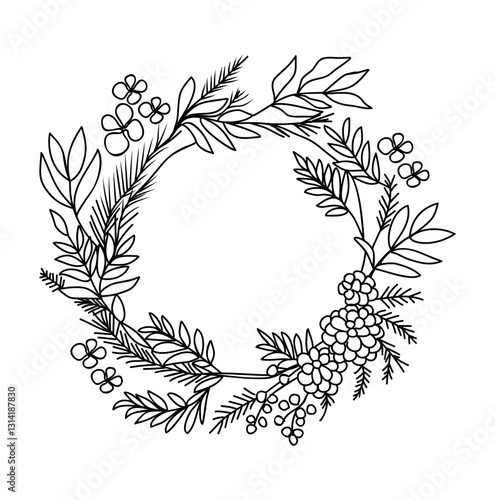 Christmas wreath. Traditional door decoration of the house for the new year. Modern hand drawn vector design for Holidays invitation card, poster, banner, greeting card, postcard, packaging, print. 