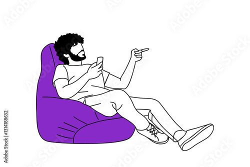 Young man sitting in bean bag chair with phone and pointing to the side. Freelancer relaxing, chatting with colleagues. Simple vector outline black and blue illustration isolated 