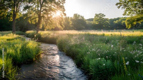 A sunlit meadow with a flowing creek and wildflowers in full bloom.