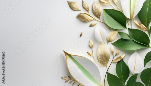 White Green Gold Leaf BG. Delicate green leaves & gold accents on white background. Elegant & subtle botanical design.