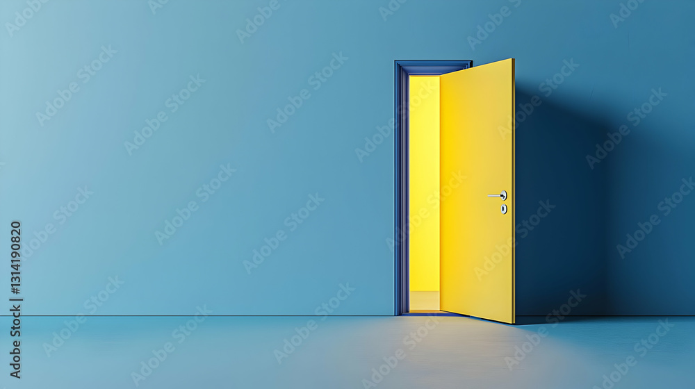 Open Bright Yellow Door in a Blue Room Symbolizing Opportunity and New Beginnings Open Bright Yellow Door in a Blue Room Symbolizing Opportunity and New Beginnings