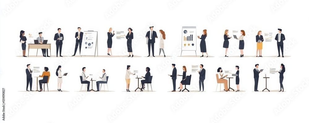 Fototapeta premium set of scenes business people meeting with infographics presentation illustration design