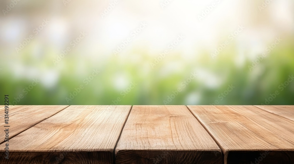 Wooden Table Mockup with Bokeh Greenery Background, Product, Display Wooden Table Mockup with Bokeh Greenery Background, Product, Display