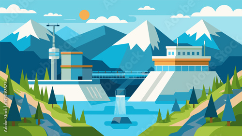 Clean and efficient the hydroelectric facility blended seamlessly with the natural landscape tucked away in the mountains.. Vector illustration