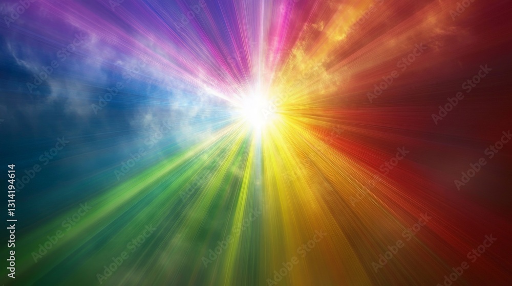 Colorful Light Rays Radiating Through Clouds in Blue Sky Colorful Light Rays Radiating Through Clouds in Blue Sky