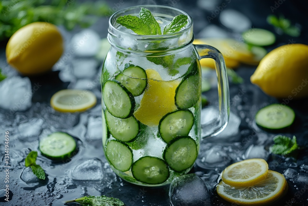 Refreshing summer drink with cucumber, lemon and mint in a mason jar Refreshing summer drink with cucumber, lemon and mint in a mason jar