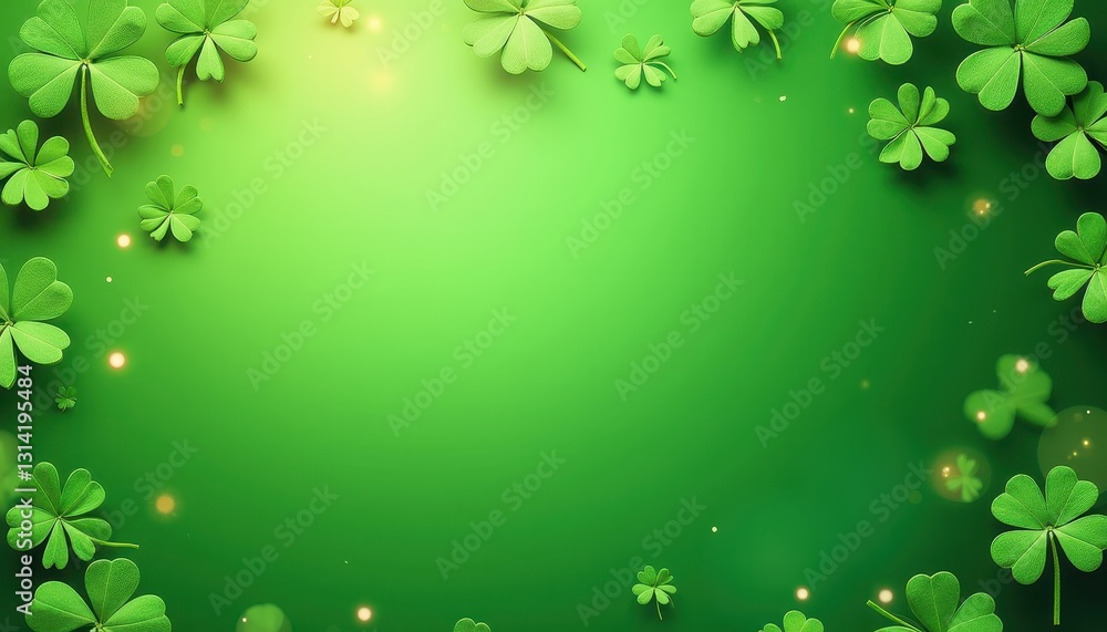 St. Patrick's Day Background: Floating FourLeaf Clovers Against Lush Green Gradient. A green background with clover leaves and bokeh effect. St. Patrick's Day Background: Floating FourLeaf Clovers Against Lush Green Gradient. A green background with clover leaves and bokeh effect.