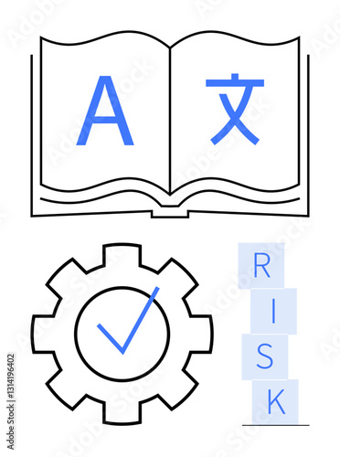 Open book with multilingual letters, gear with a checkmark, and stacked RISK blocks. Ideal for education, multilingualism, process efficiency, risk analysis, strategy, learning tools abstract line