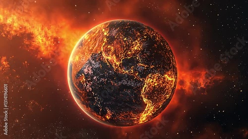 Burning Planet: A fiery depiction of Earth engulfed in flames, showcasing the devastating effects of climate change or a catastrophic event. A cosmic horror scene.