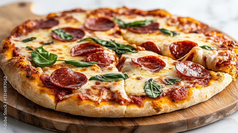 A classic pepperoni pizza topped with fresh basil leaves and melted cheese, invitingly displayed on a wooden surface, perfect for casual dining or gatherings. A classic pepperoni pizza topped with fresh basil leaves and melted cheese, invitingly displayed on a wooden surface, perfect for casual dining or gatherings.