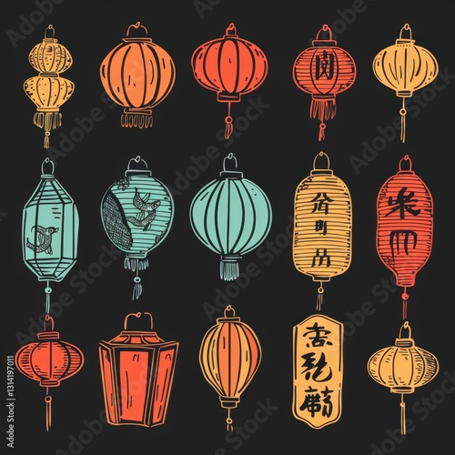 Asian lamp icon, chinese lantern isolated, traditional oriental lantern, light symbol, doodle, sketched flashlight