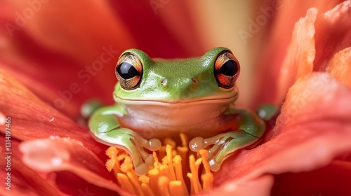 Stunning macro photo of a green tree frog nestled among a vibrant flower displaying its natural beauty in detail