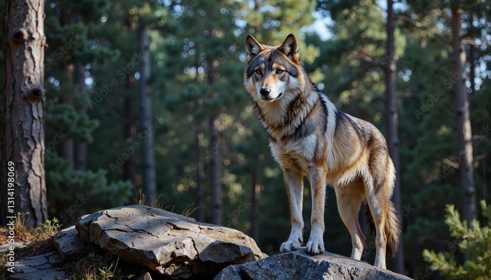 Obraz premium Wolf standing on rocky outcrop in forest