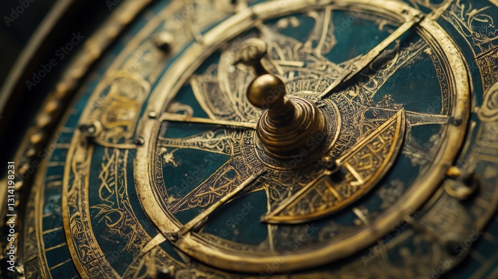 Intricate detail shows a golden compass on a teal surface Intricate detail shows a golden compass on a teal surface