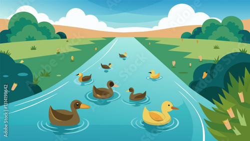 Ducks and other waterfowl swim peacefully in the calm waters of the canal undisturbed by the powerful currents that await them at the end.. Vector illustration